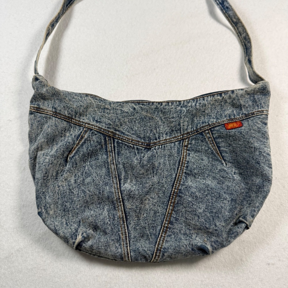 Vintage Mitzi Acid Wash Denim Hobo Shoulder Bag Blue 80s Retro Western Boho